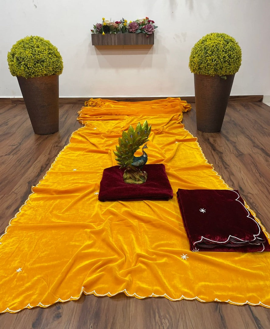 Yellow heavy velvet handwork saree