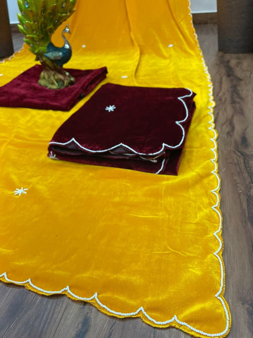Yellow heavy velvet handwork saree