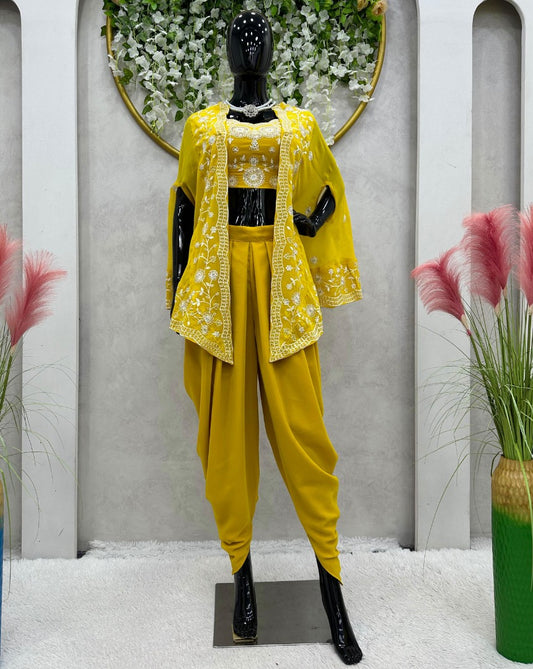 Yellow indowestern dhoti suit with jacket