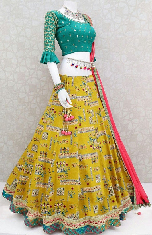 Yellow italian silk digital printed festive lehenga choli