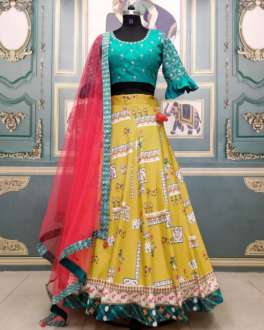 Yellow italian silk digital printed festive lehenga choli