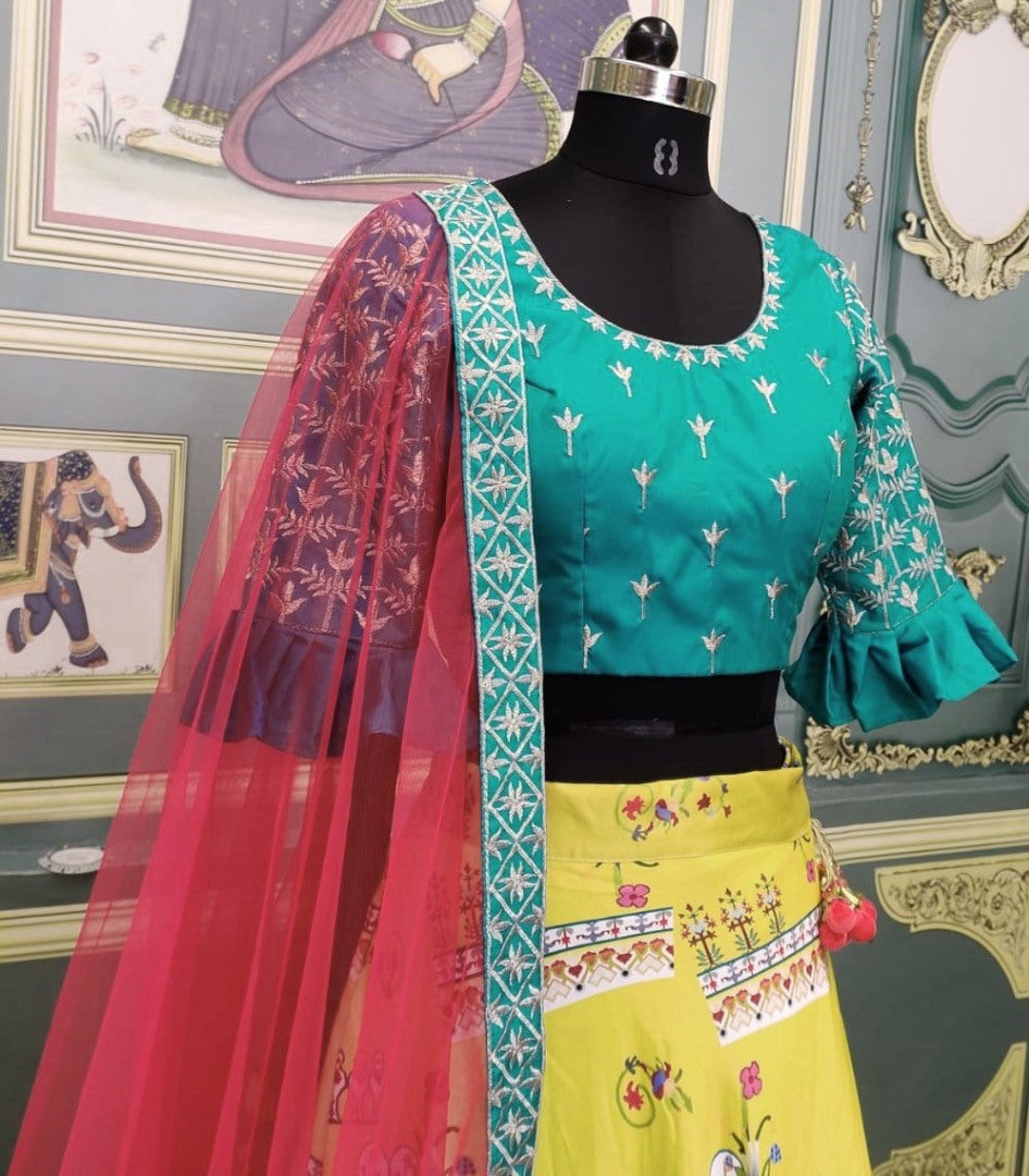 Yellow italian silk digital printed festive lehenga choli
