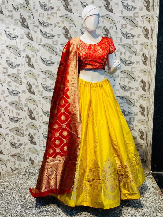 Yellow jacquard silk heavy lehenga choli