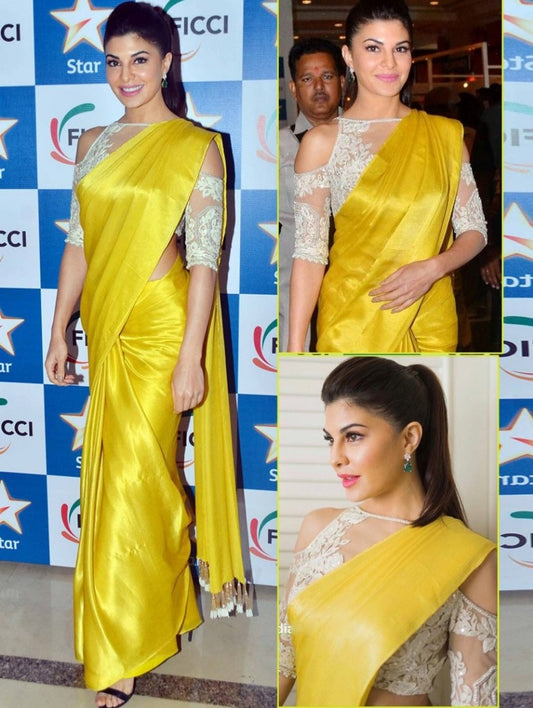 yellow japan crepe partywear saree with thread and handwork blouse