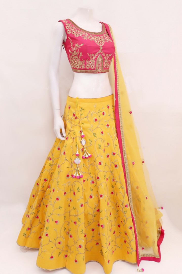 yellow japan satin embroidered festival lehenga