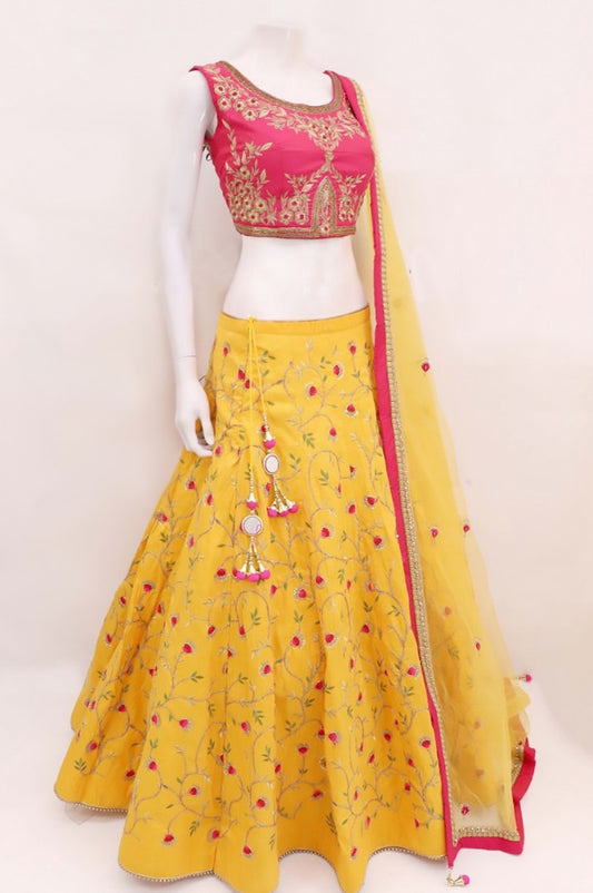 yellow japan satin embroidered festival lehenga