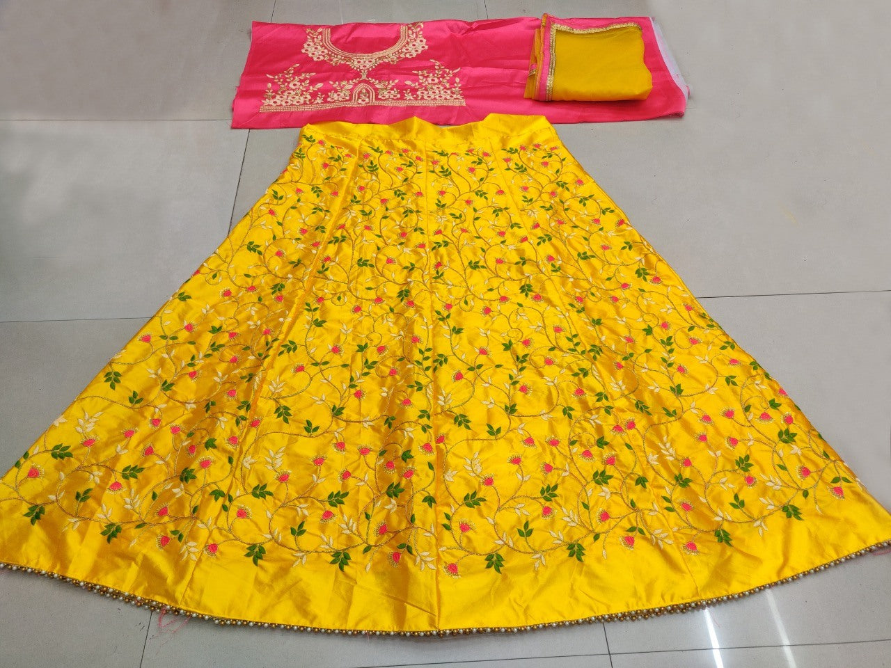 yellow japan satin embroidered festival lehenga
