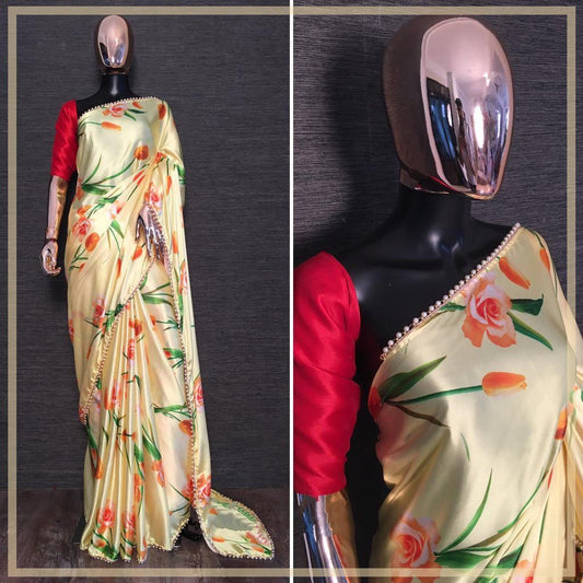 Yellow japan satin flower digital printed saree