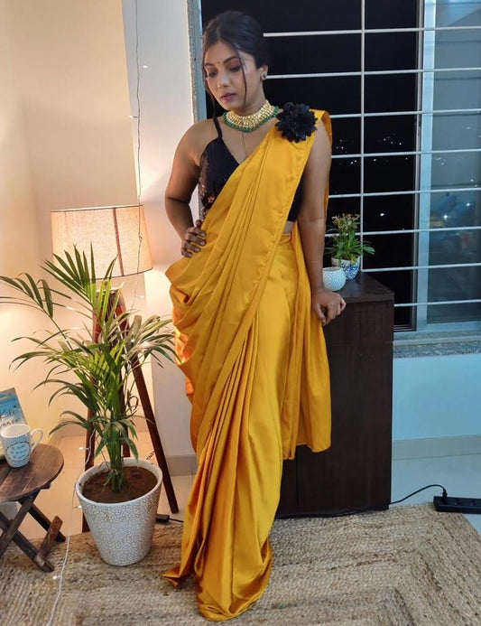 Yellow japan satin ready to wear plain partywear saree