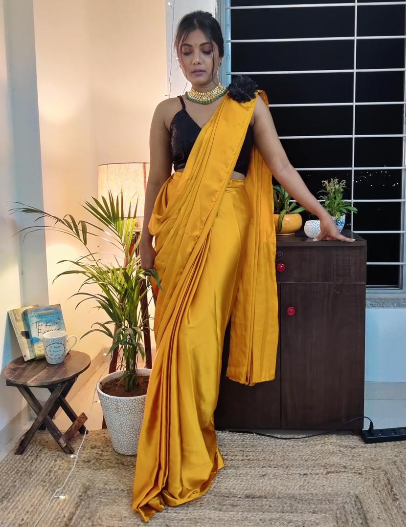 Yellow japan satin ready to wear plain partywear saree