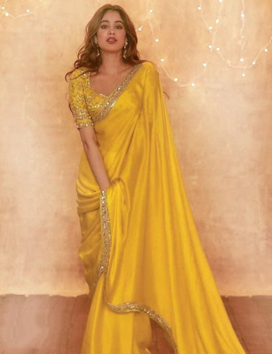Yellow japan satin silk partywear saree