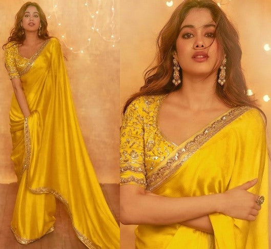 Yellow japan satin silk partywear saree