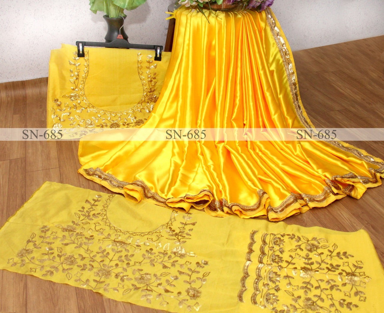 Yellow japan satin silk partywear saree