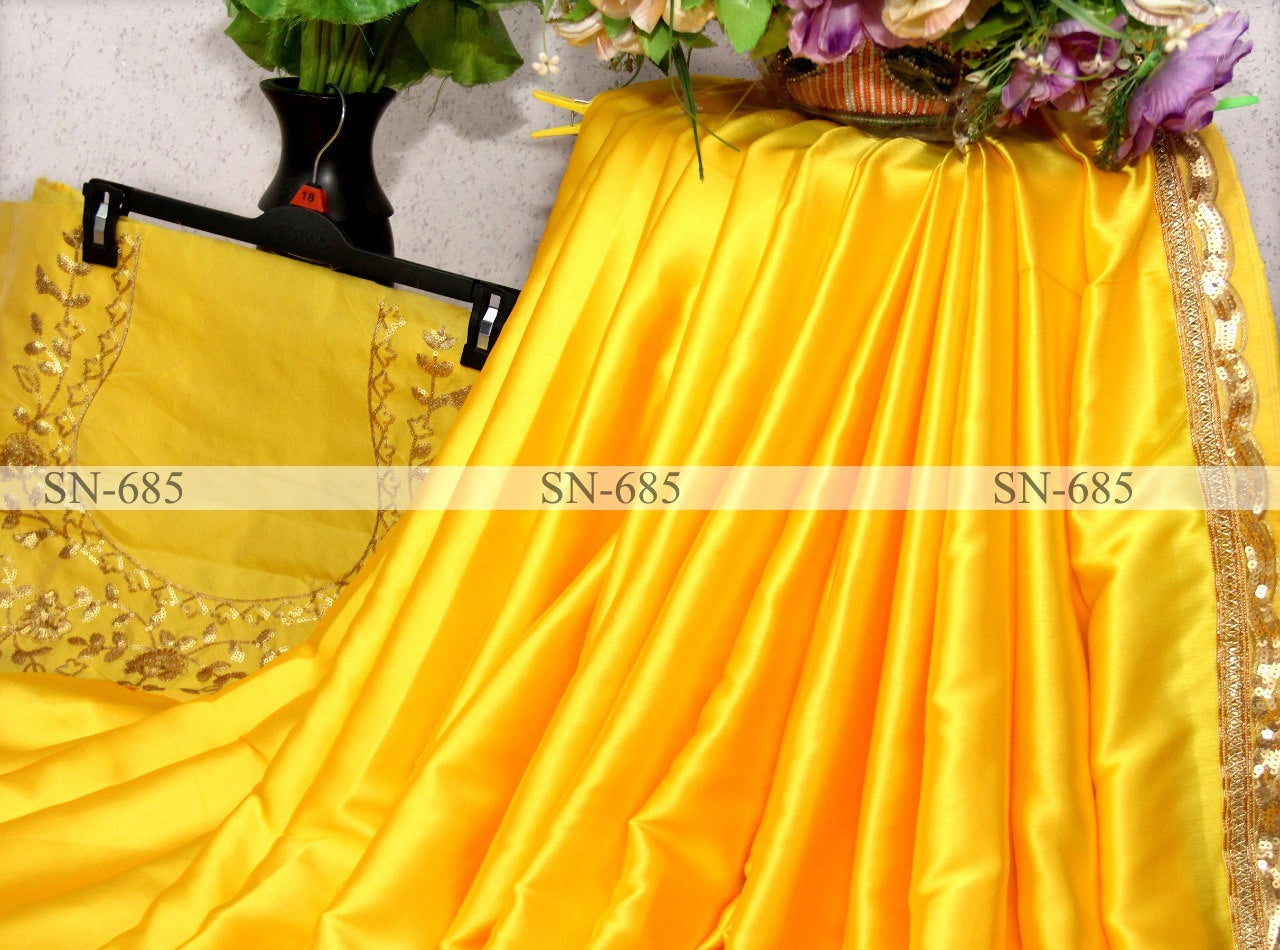 Yellow japan satin silk partywear saree