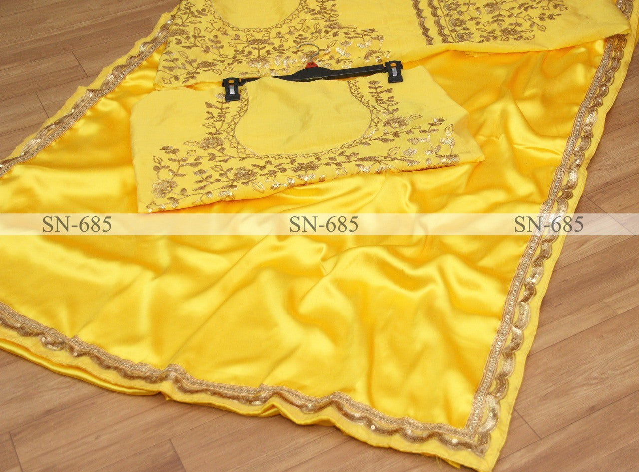 Yellow japan satin silk partywear saree