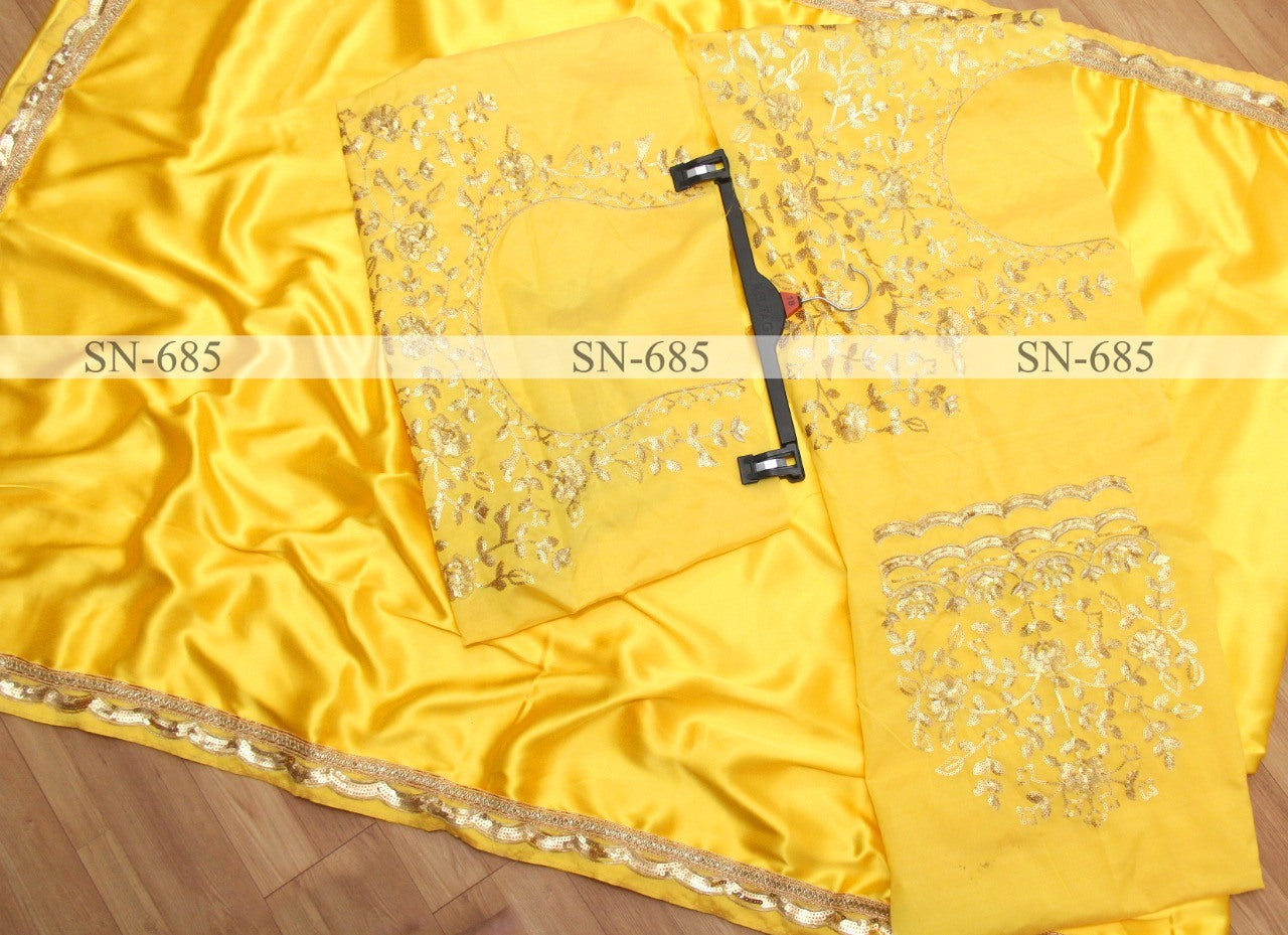 Yellow japan satin silk partywear saree