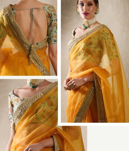 Yellow Kasturi georgette sequence work silk saree