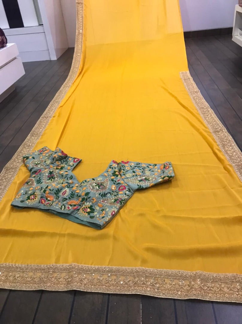 Yellow Kasturi georgette sequence work silk saree