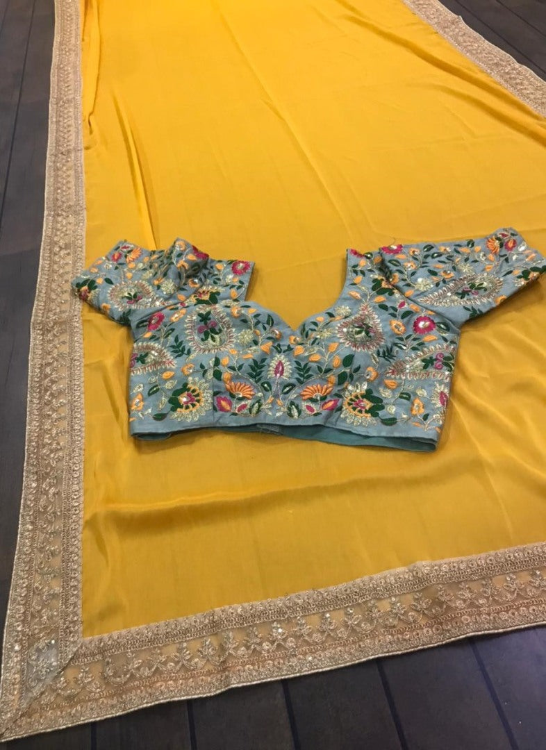 Yellow Kasturi georgette sequence work silk saree
