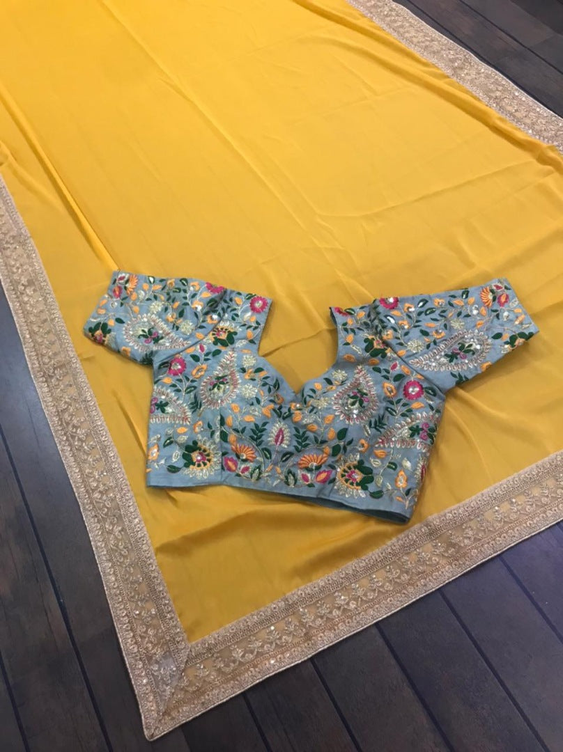 Yellow Kasturi georgette sequence work silk saree