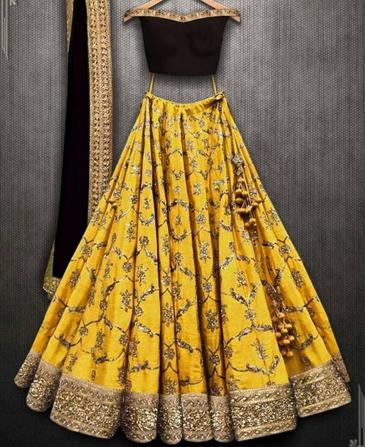 Yellow kumkum silk designer embroidered lehenga choli for ceremony