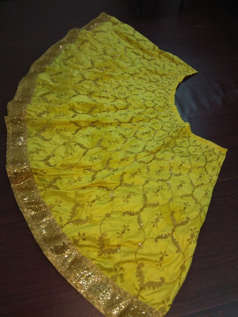Yellow kumkum silk designer embroidered lehenga choli for ceremony