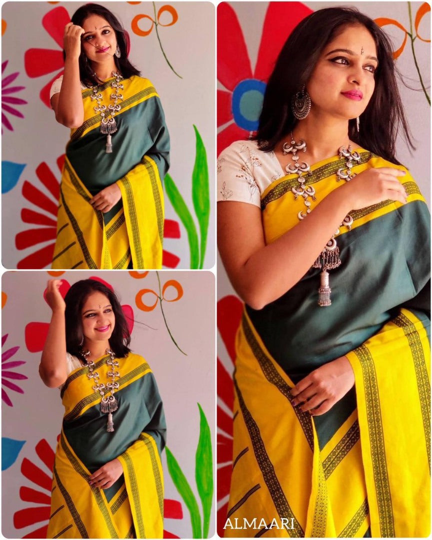 Yellow lichi silk jacquard weaving work saree