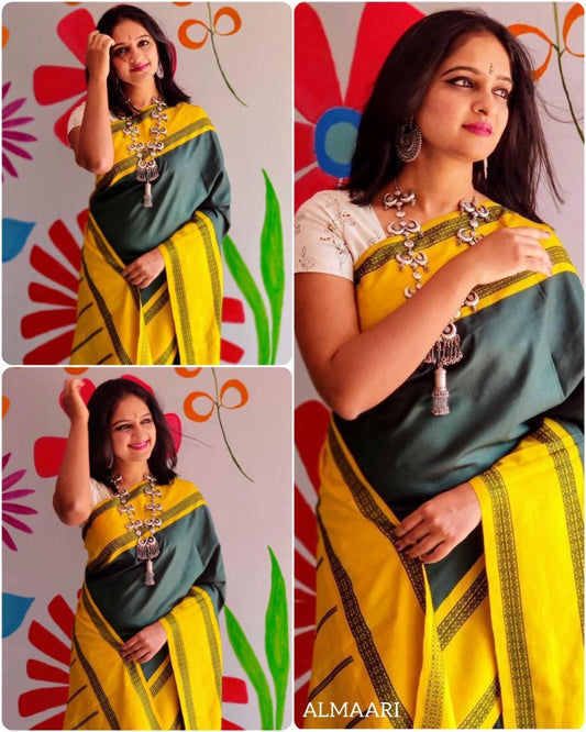 Yellow lichi silk jacquard weaving work saree