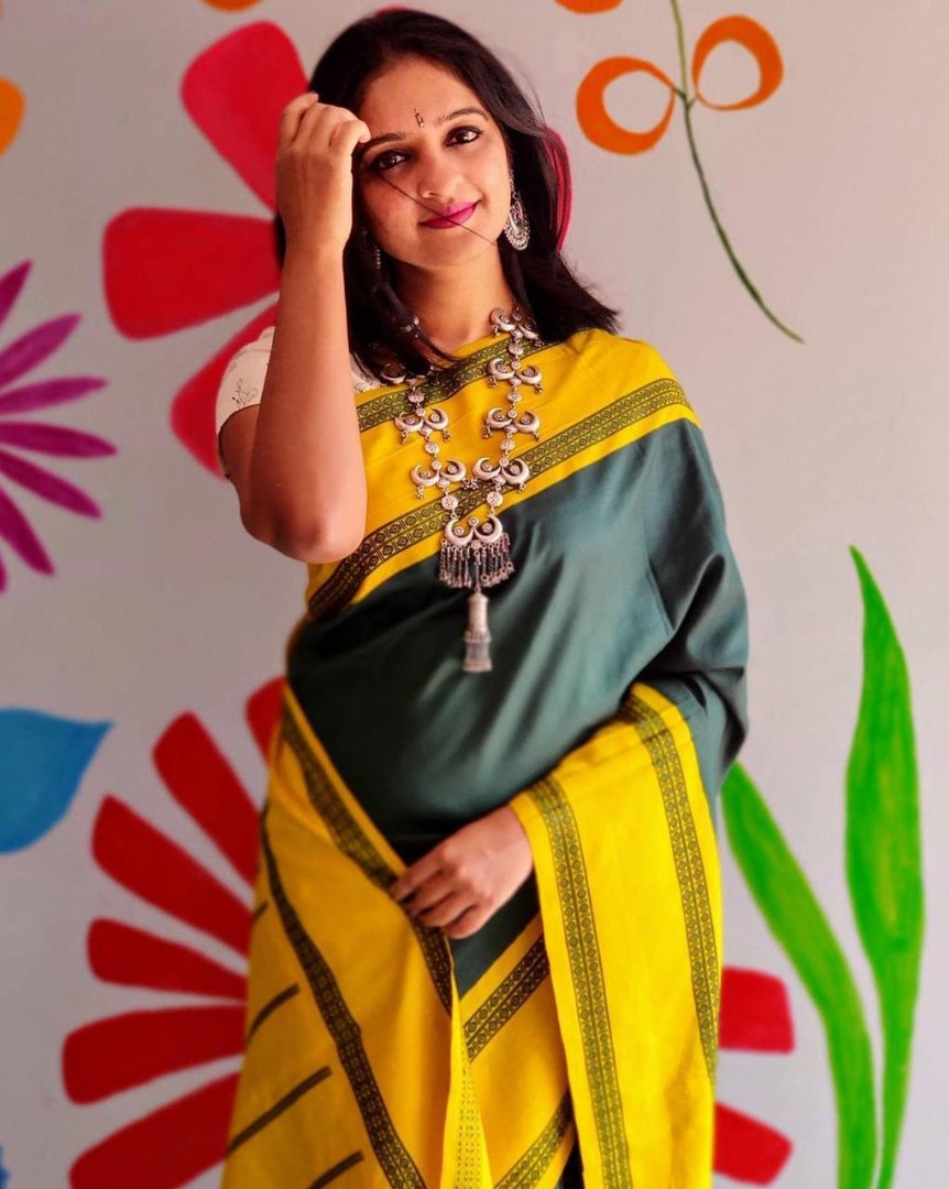 Yellow lichi silk jacquard weaving work saree