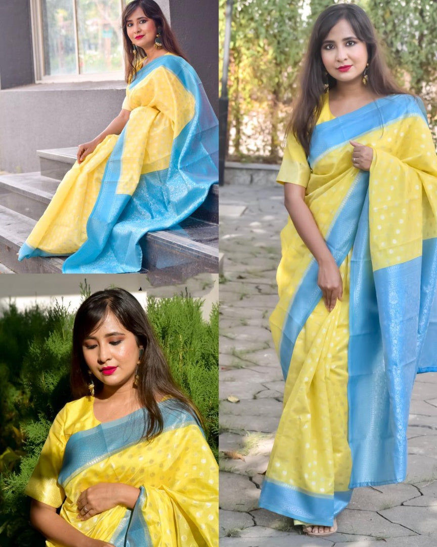 Yellow lichi silk jacquard weaving work saree