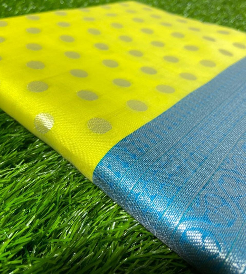Yellow lichi silk jacquard weaving work saree
