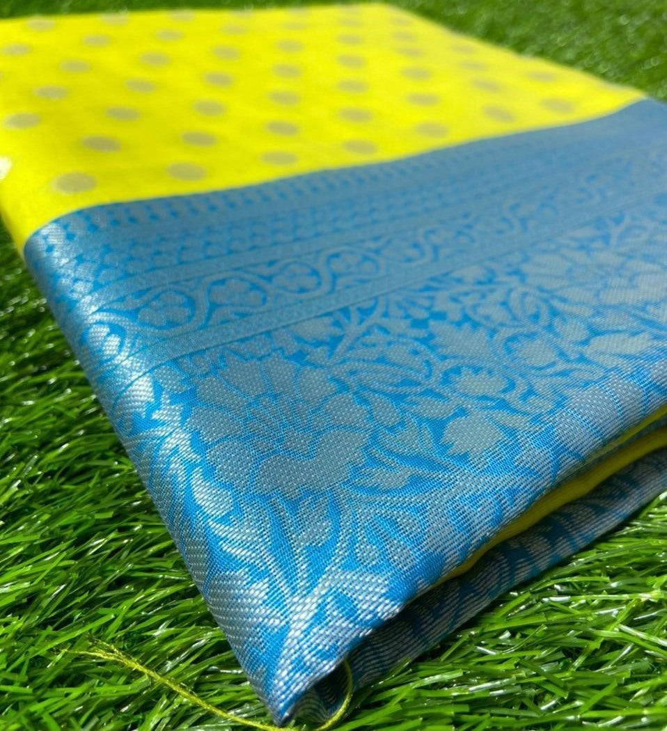 Yellow lichi silk jacquard weaving work saree