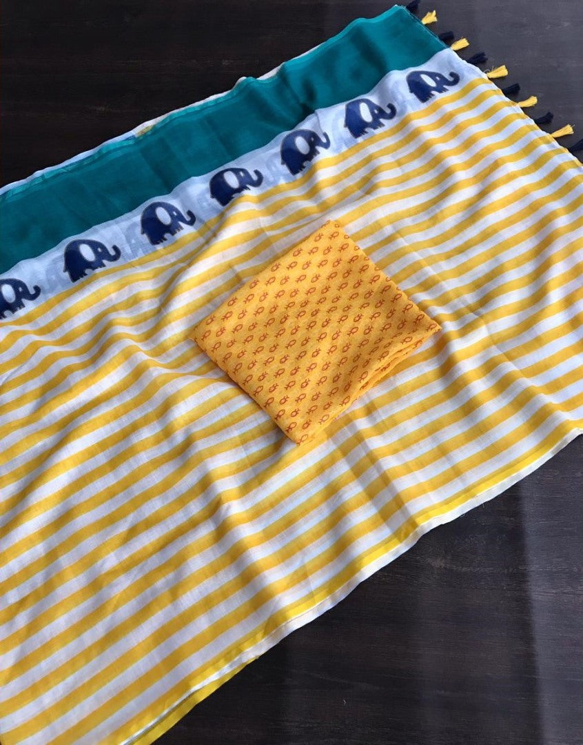 Yellow linen digital print cotton tussles work saree