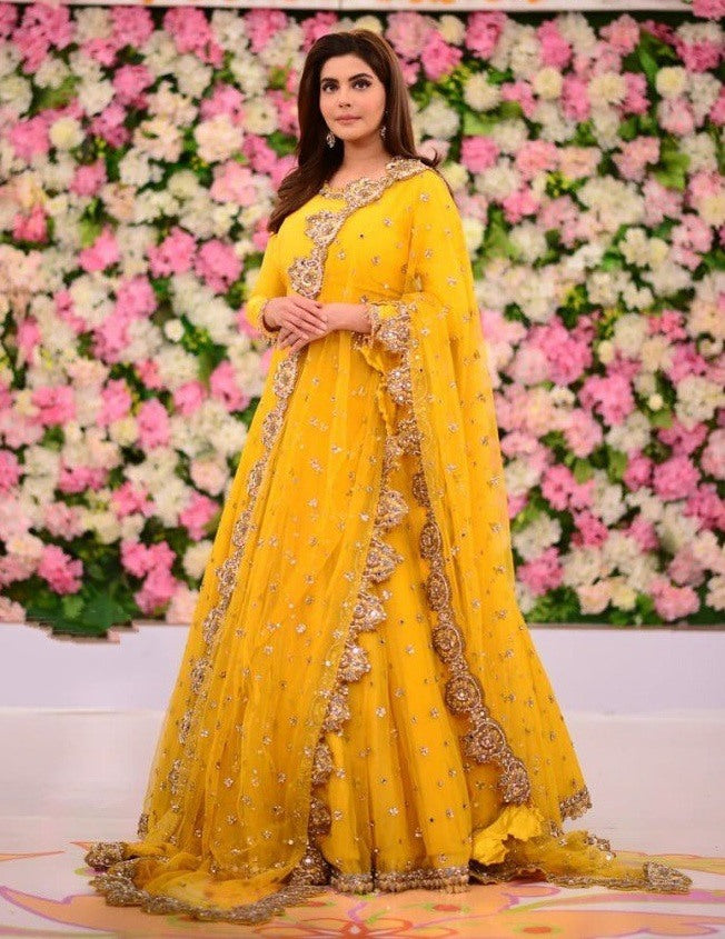 Yellow long gown with dupatta