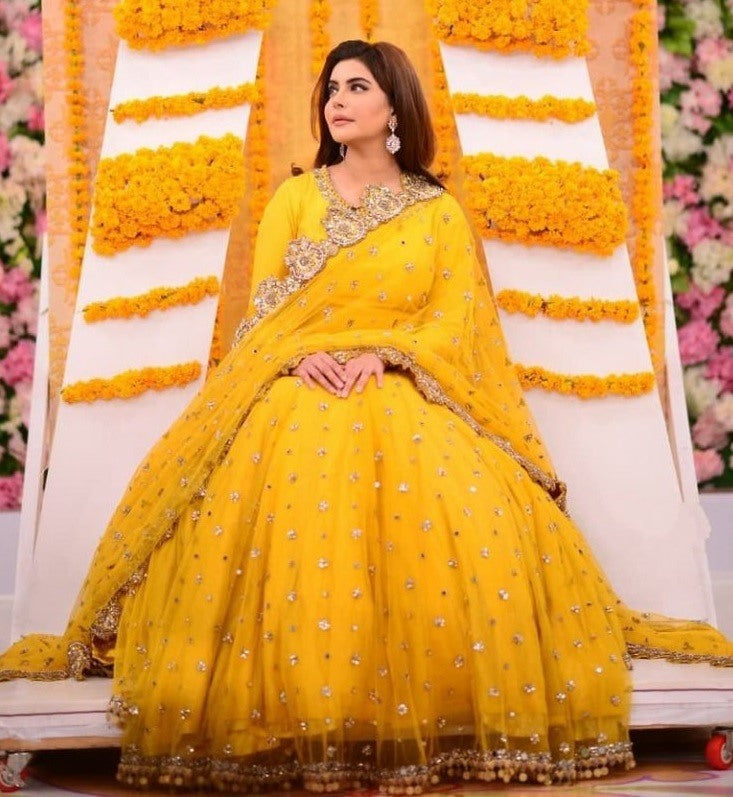 Yellow long gown with dupatta