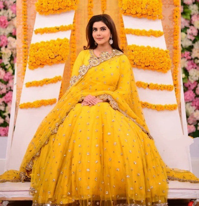 Yellow long gown with dupatta
