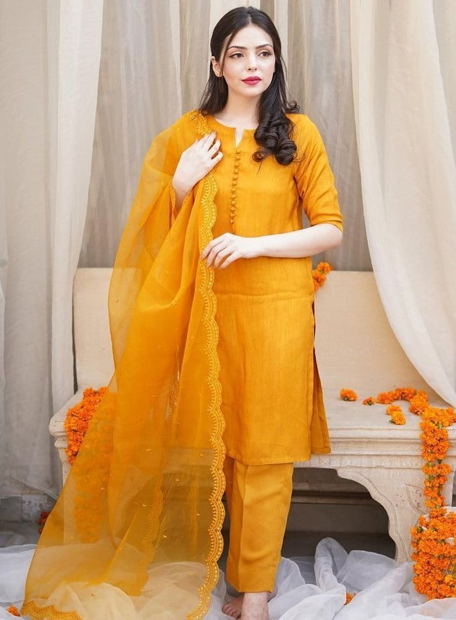 Yellow maska cotton plain pant suit