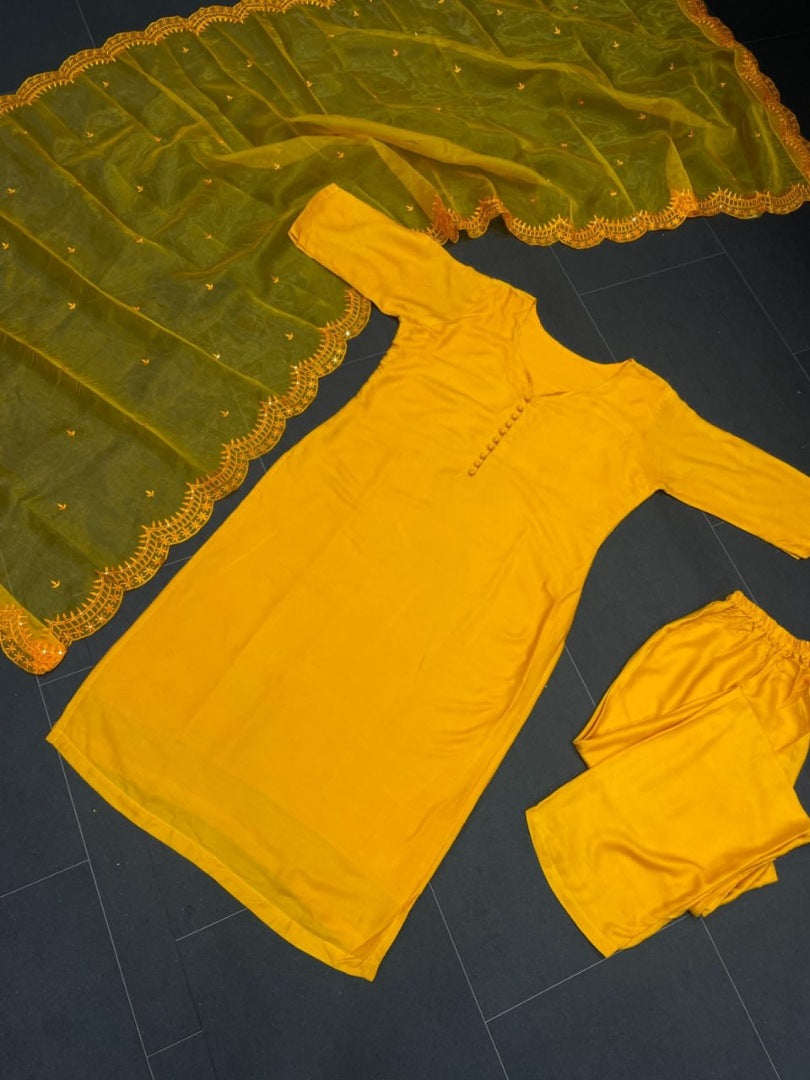 Yellow maska cotton plain pant suit