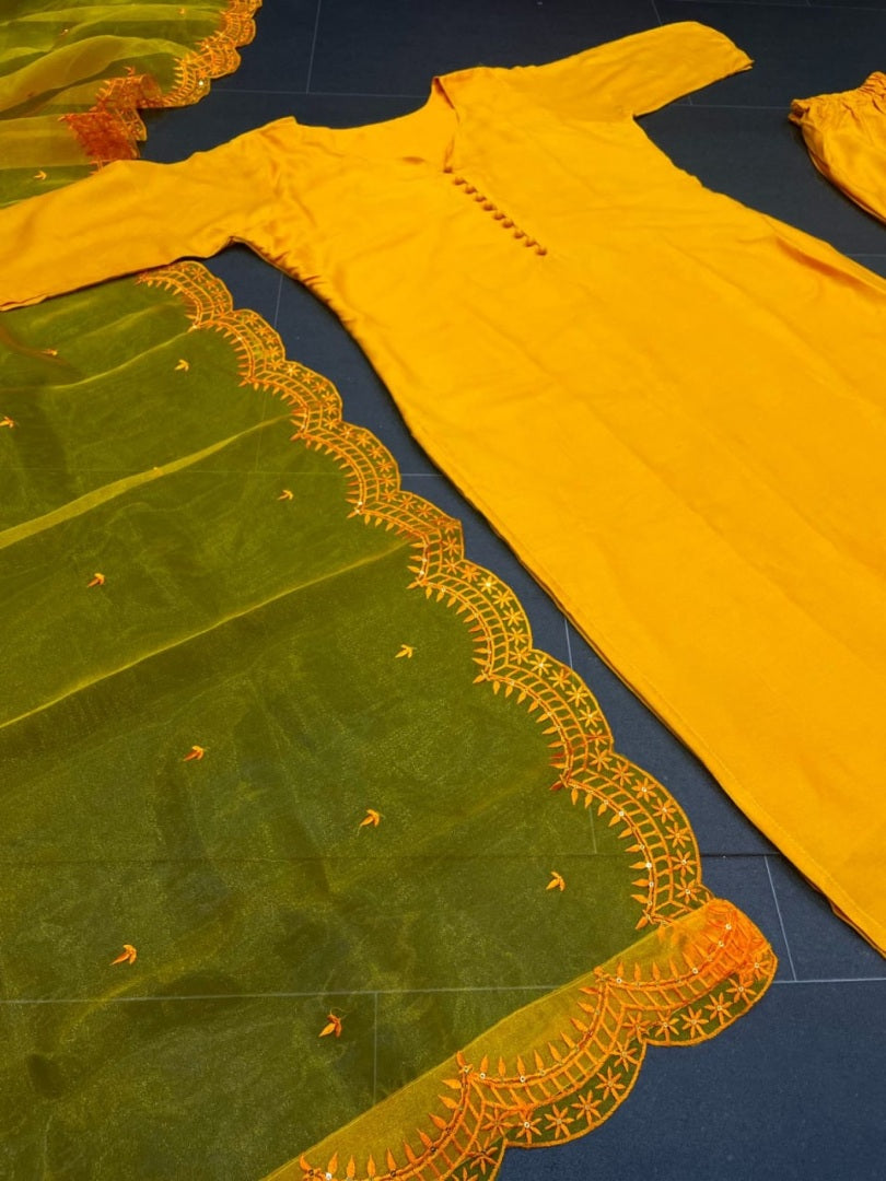 Yellow maska cotton plain pant suit