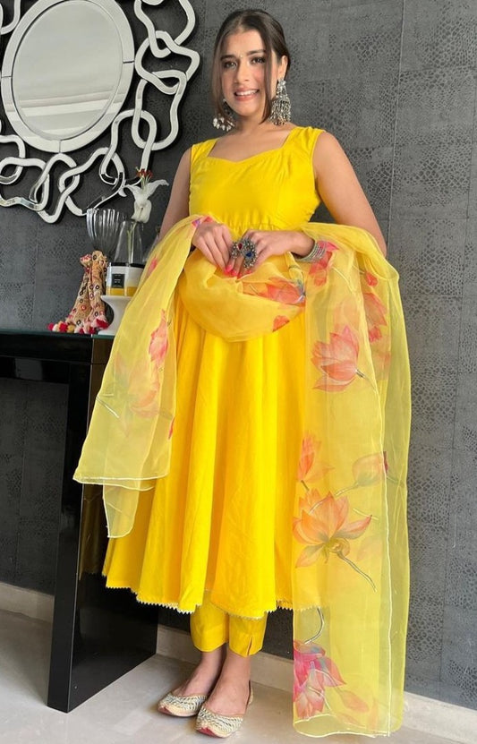 Yellow maskan cotton anarkali suit with printed organza dupatta