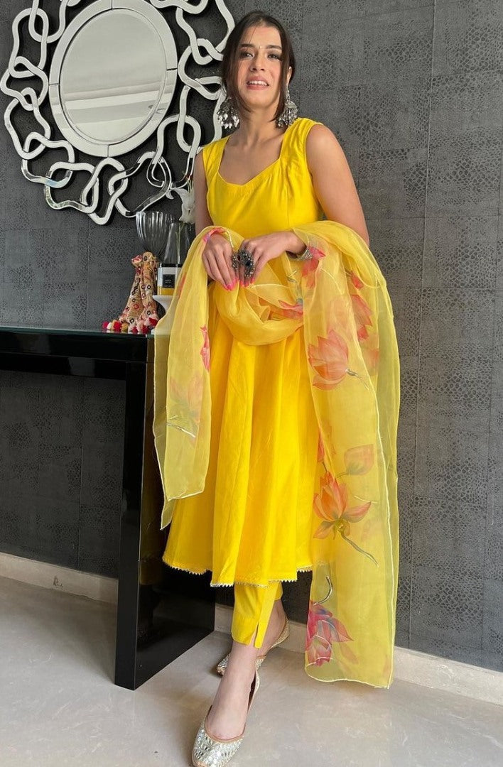 Yellow maskan cotton anarkali suit with printed organza dupatta