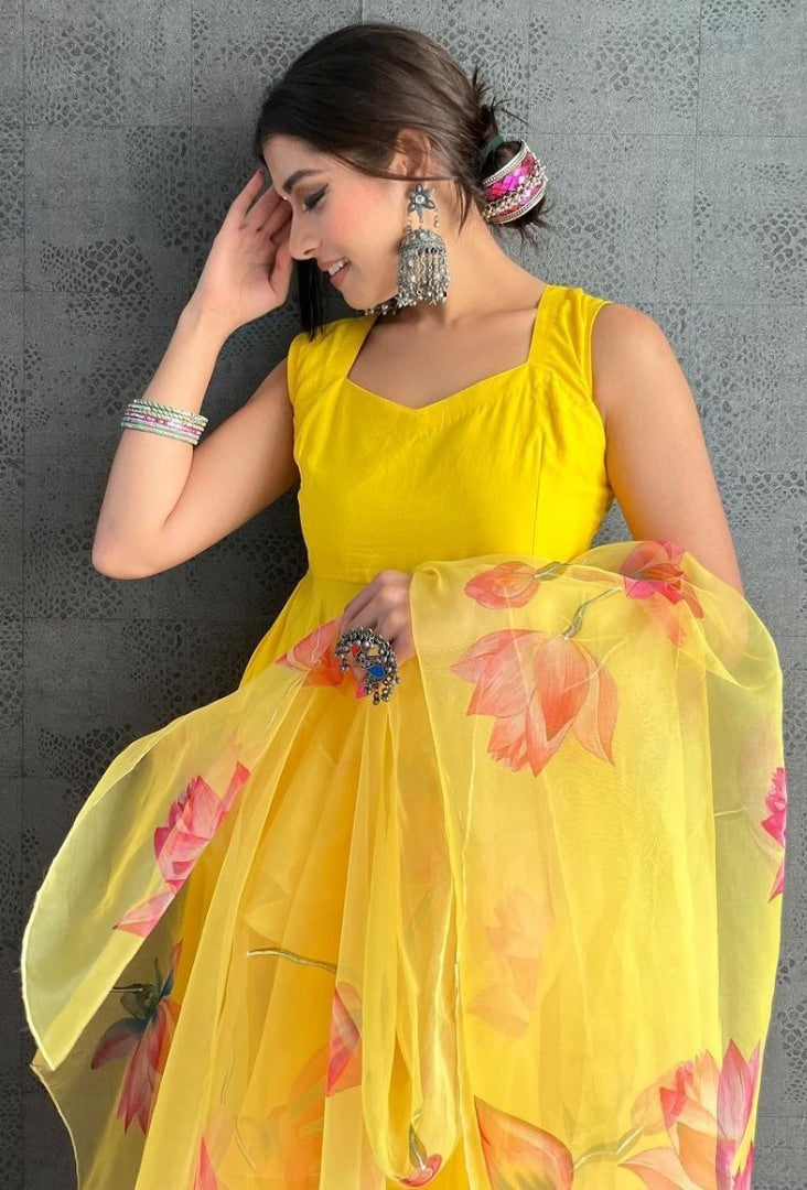 Yellow maskan cotton anarkali suit with printed organza dupatta