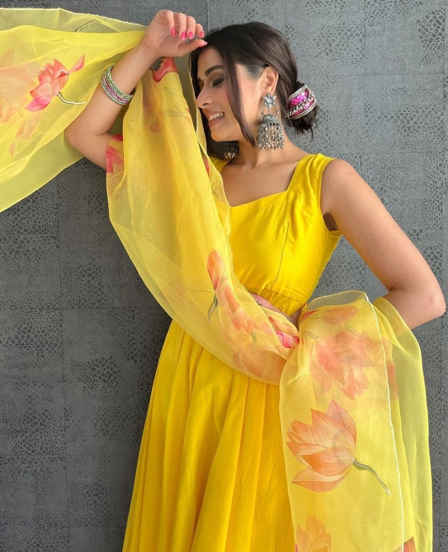 Yellow maskan cotton anarkali suit with printed organza dupatta