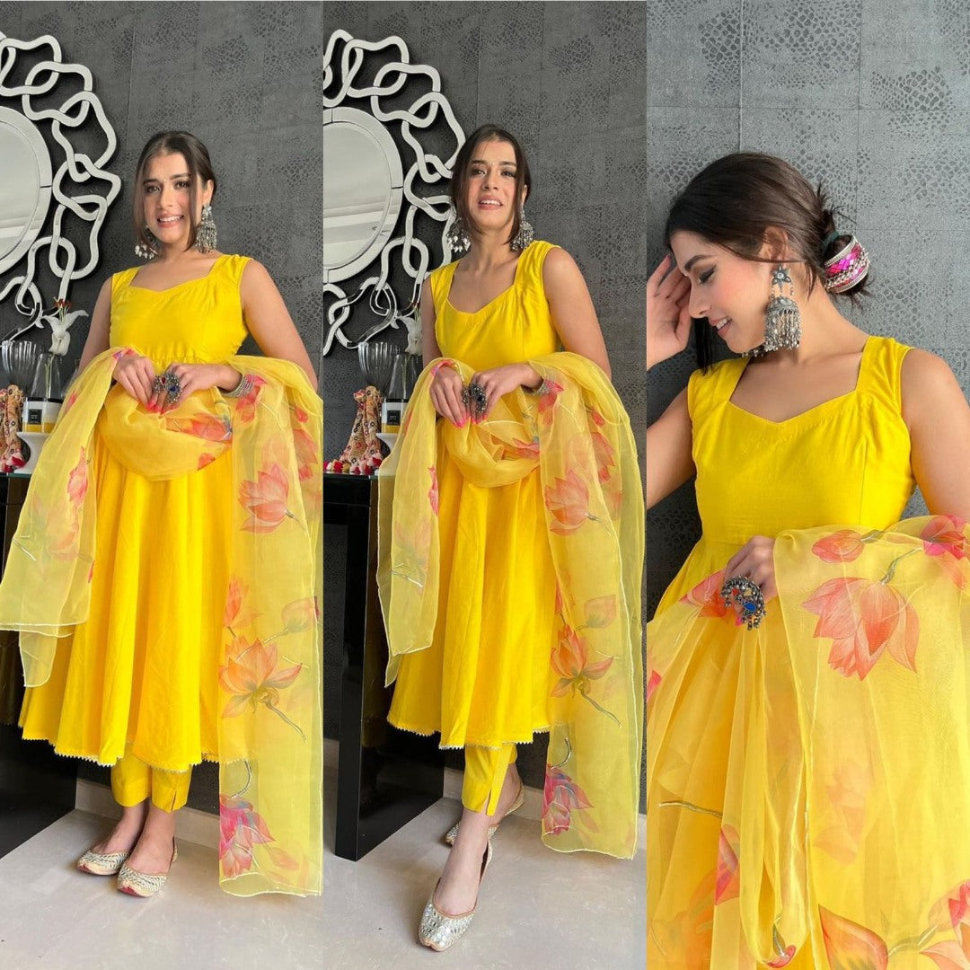 Yellow maskan cotton anarkali suit with printed organza dupatta
