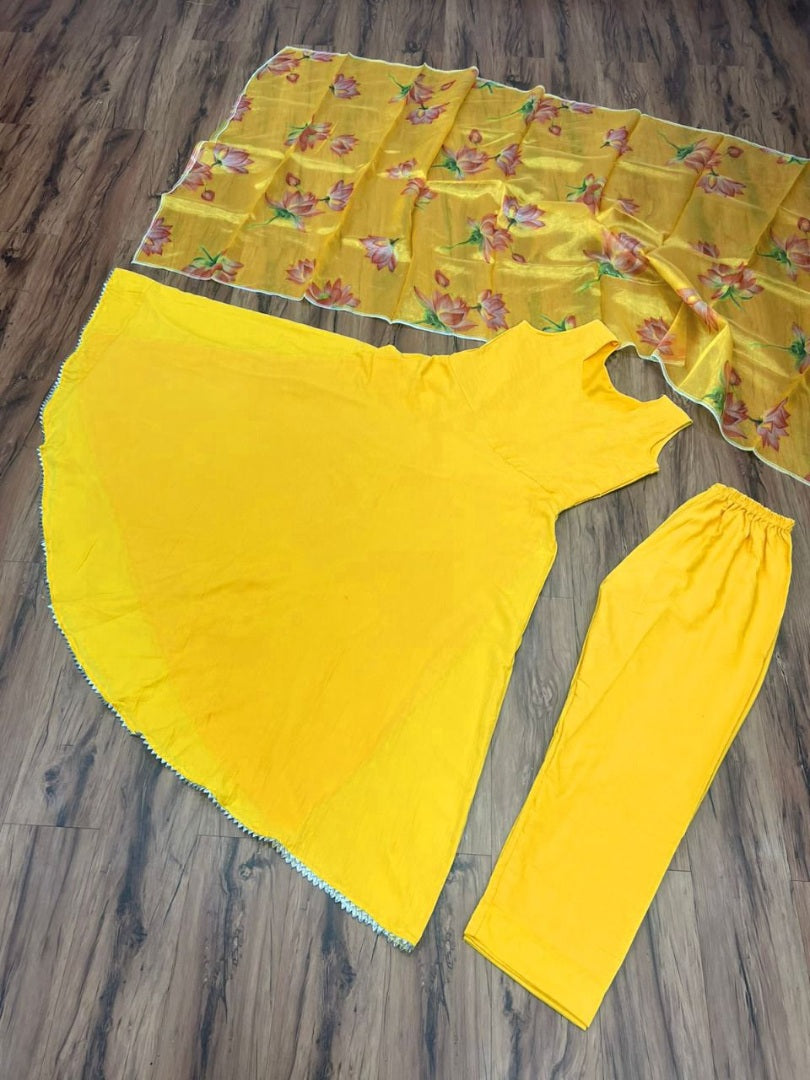 Yellow maskan cotton anarkali suit with printed organza dupatta