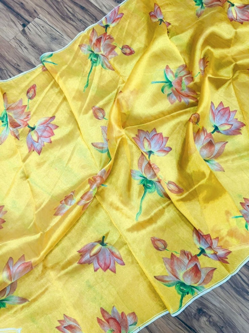 Yellow maskan cotton anarkali suit with printed organza dupatta