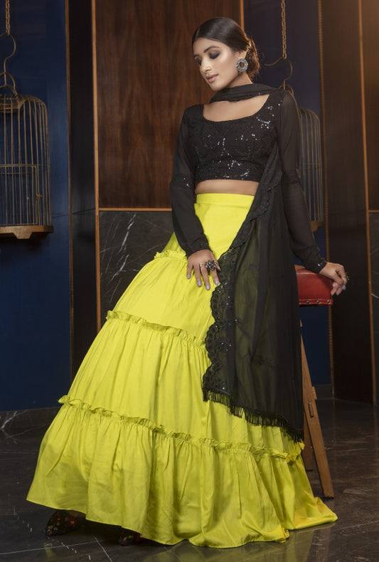 Yellow maslin cotton embroidered lehenga choli