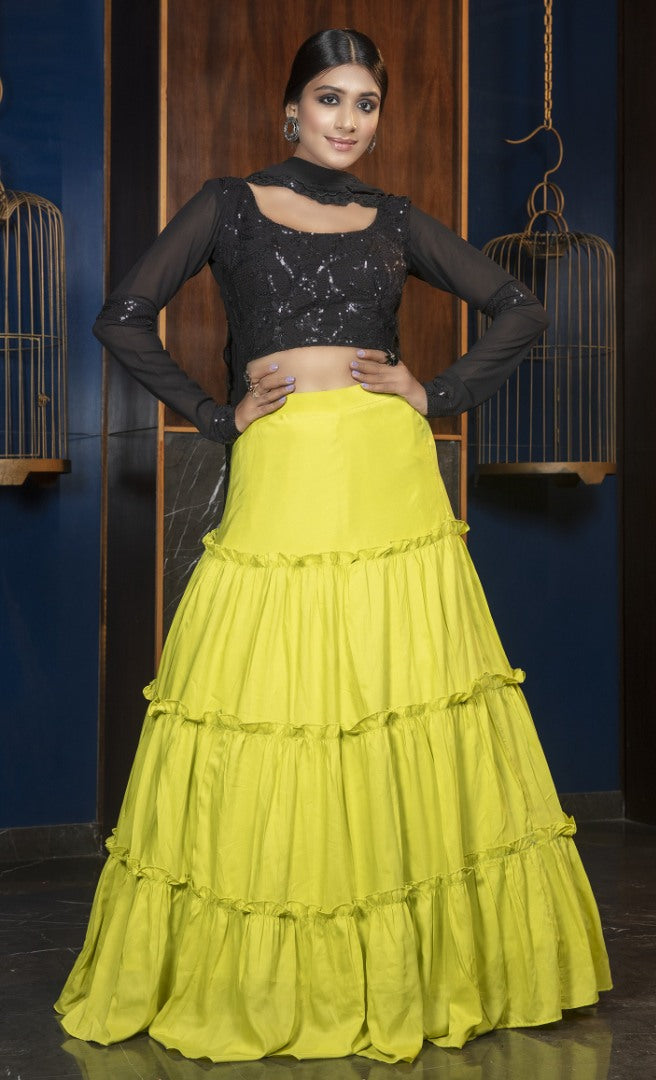 Yellow maslin cotton embroidered lehenga choli