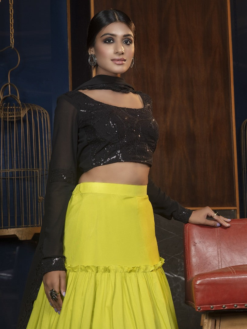 Yellow maslin cotton embroidered lehenga choli