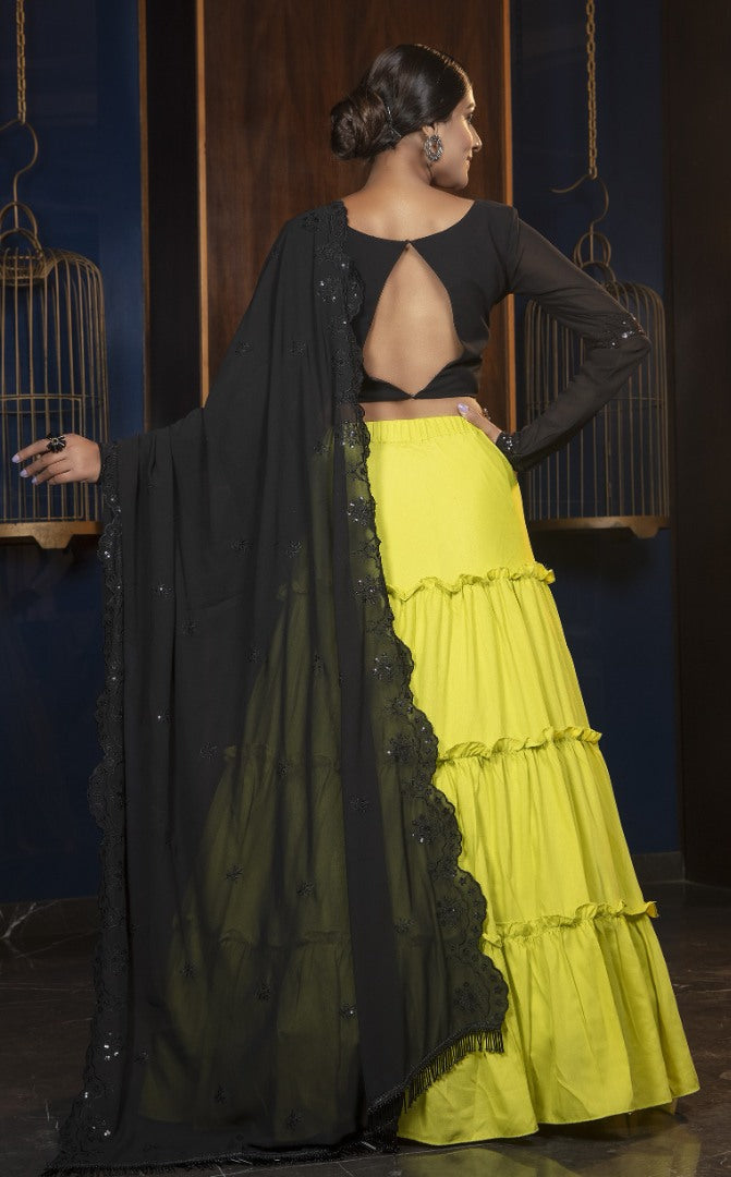 Yellow maslin cotton embroidered lehenga choli